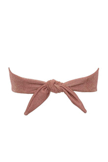 Mauve sparkle bandeau bikini top with tie-front closure and textured fabric.