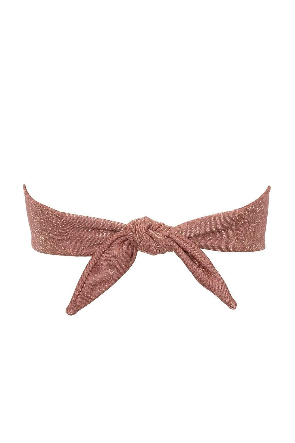 Mauve sparkle bandeau bikini top with tie-front closure and textured fabric.