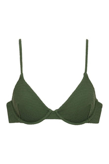 Olive green textured bikini top with thin shoulder straps and gathered ruching on the cups.
