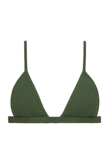 Olive green triangle bikini top with textured fabric and thin adjustable straps.