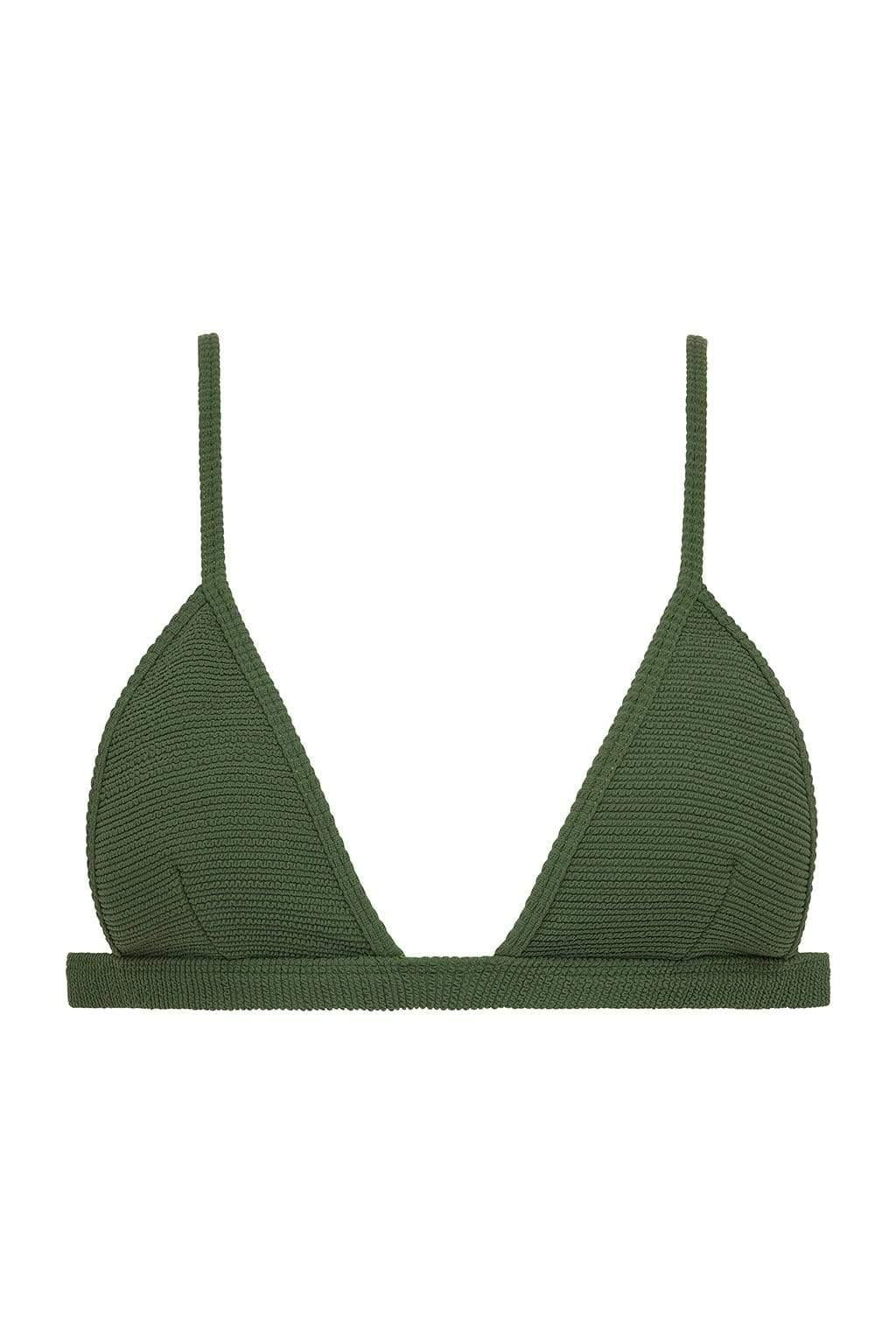Olive green triangle bikini top with textured fabric and thin adjustable straps.