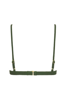 Olive green triangle bikini top with textured fabric, thin shoulder straps, and gold-tone center hardware detail.