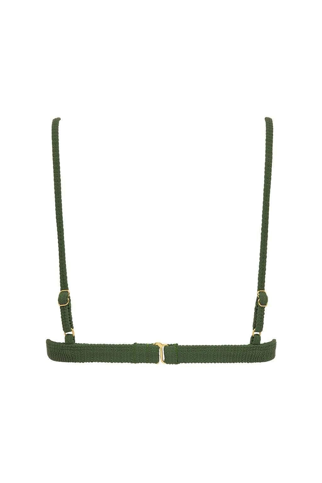 Olive green triangle bikini top with textured fabric, thin shoulder straps, and gold-tone center hardware detail.