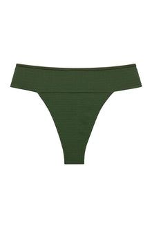 Olive green textured bikini bottom with high-leg cut and ruched sides.