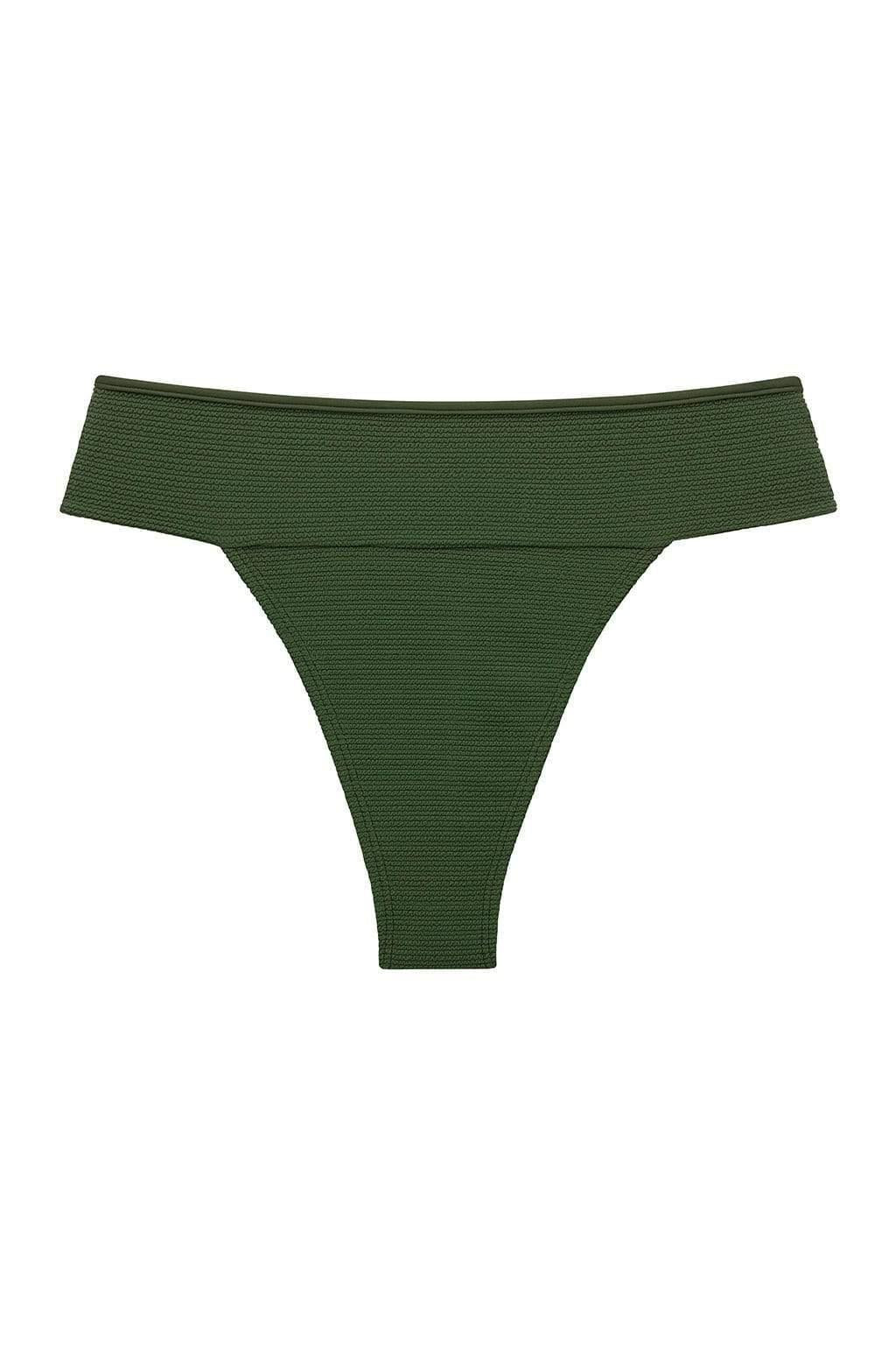 Olive green textured bikini bottom with high-leg cut and ruched sides.