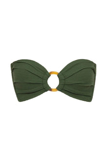 Olive green bandeau bikini top with gathered fabric panels and gold-tone center ring detail.