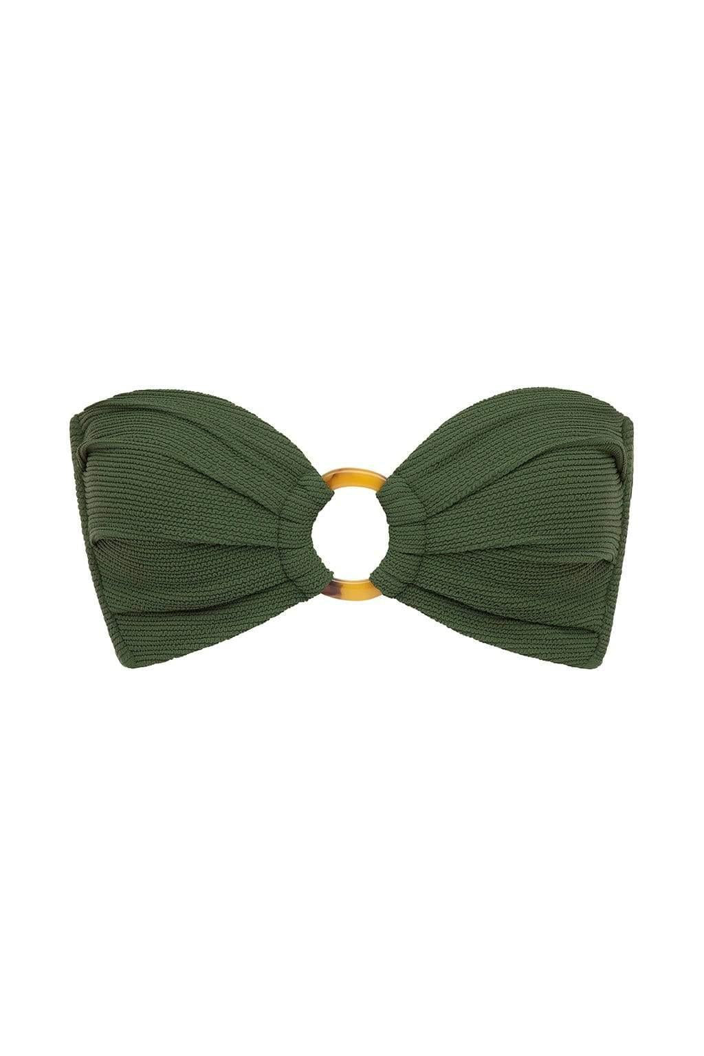 Olive green bandeau bikini top with gathered fabric panels and gold-tone center ring detail.