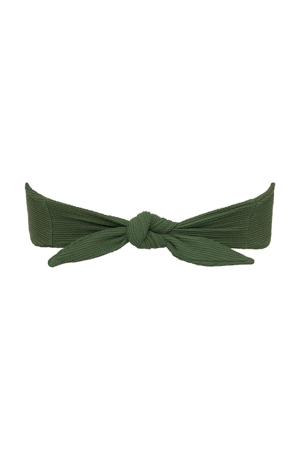 Olive green bandeau bikini top with center tie knot and textured fabric.