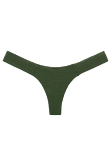 Olive green textured bikini bottom with scrunched sides and thin straps on a white background.
