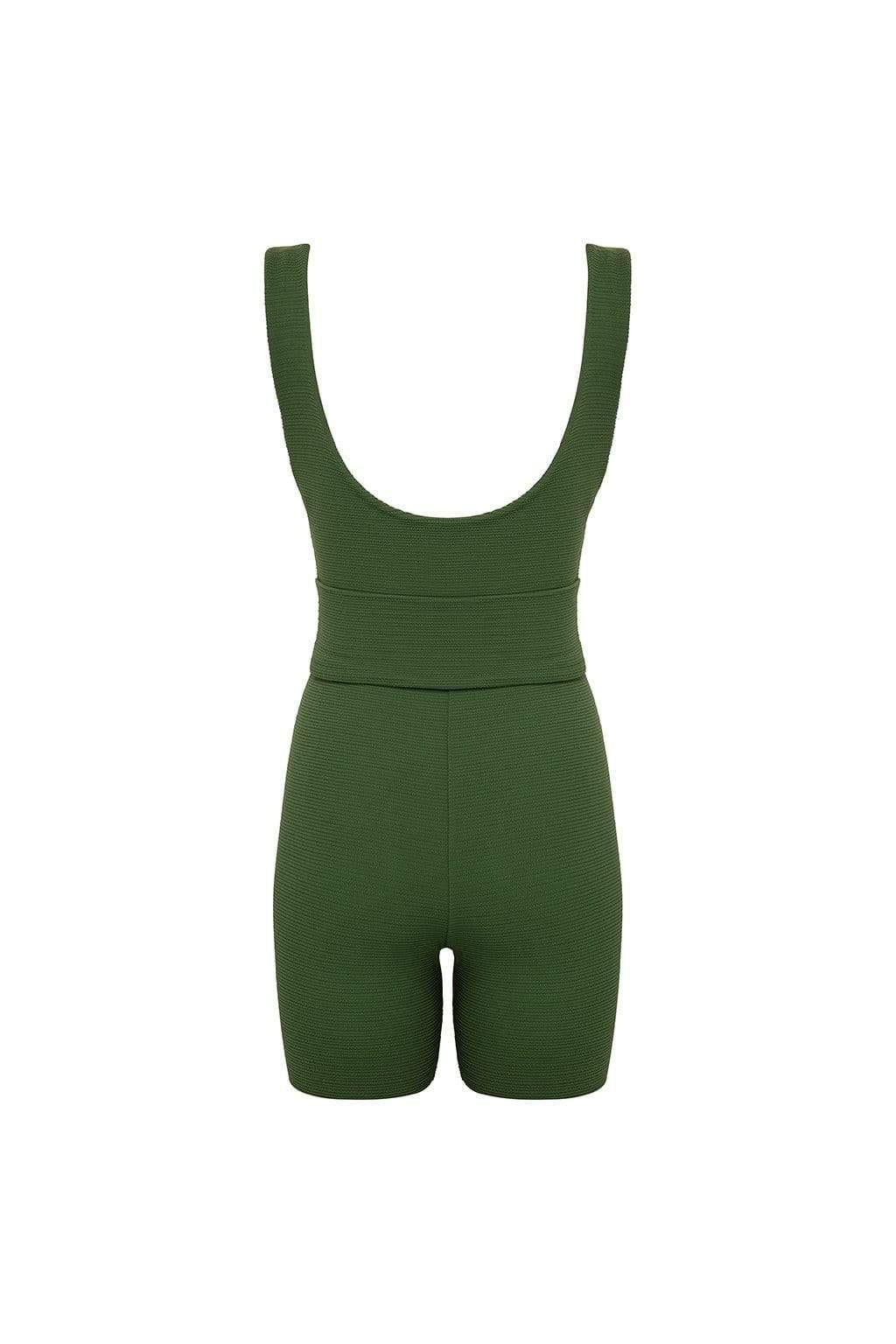 Olive green micro scrunch sleeveless onesie with wide straps, ruched detailing, and shorts-length legs.