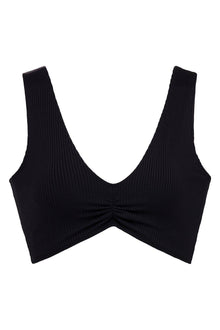 Black ribbed bikini top with wide shoulder straps, deep V-neckline, and ruched center detail.