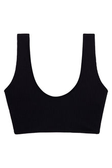 Black ribbed bikini top with wide straps and a deep scoop neckline.
