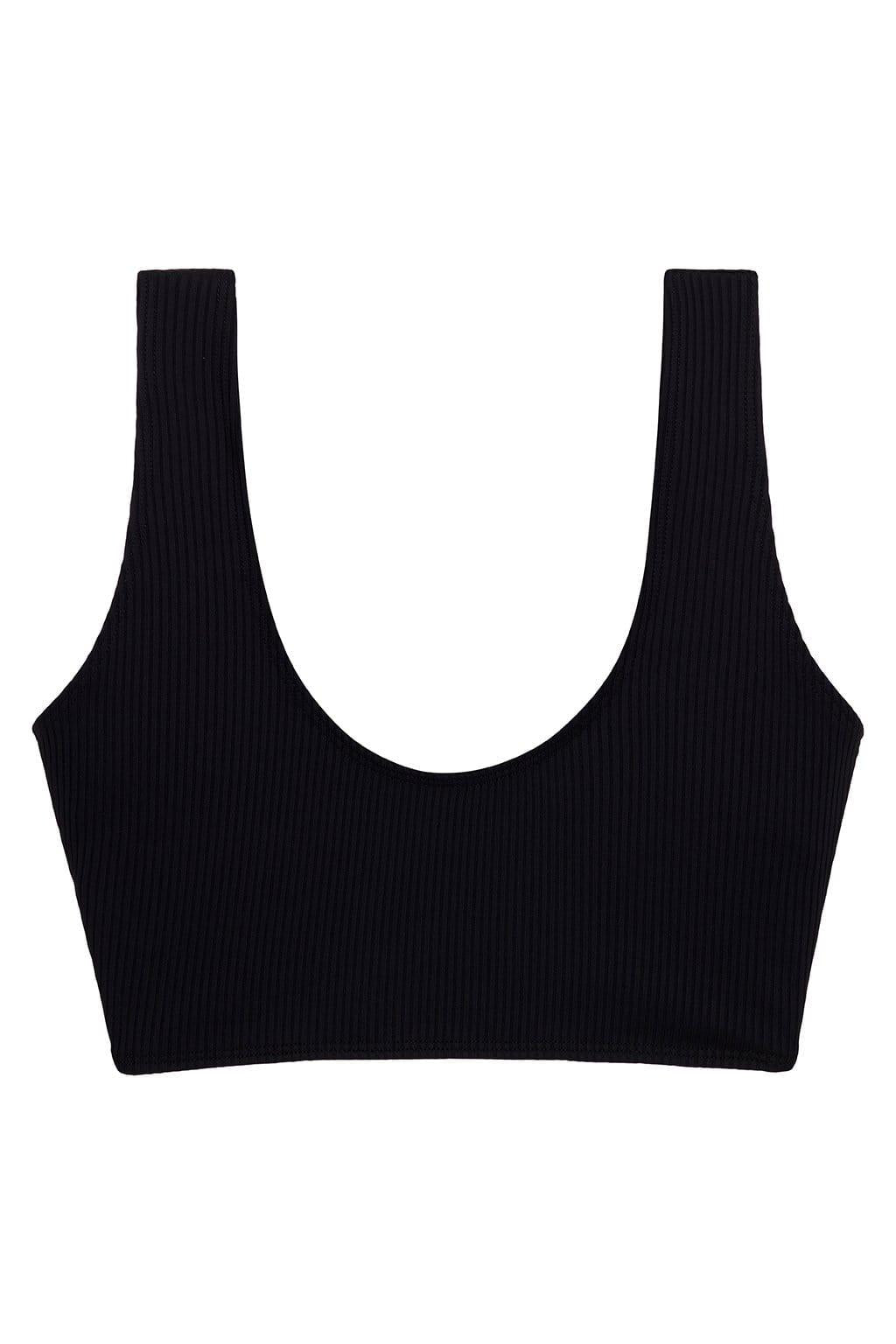 Black ribbed bikini top with wide straps and a deep scoop neckline.