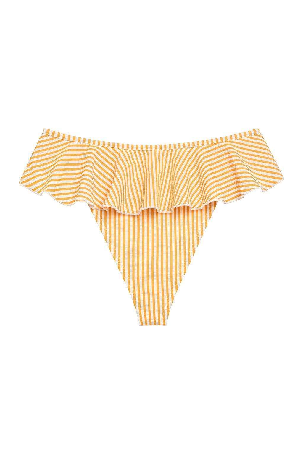 Yellow and white striped bikini bottom with ruffled waistband detail.