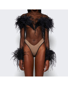 Mugler | Women | Feather Sheer Bodysuit | Black