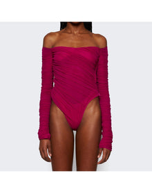 Mugler | Women | Ruched Mesh Bodysuit | Magenta