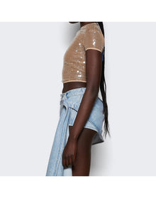 Mugler | Women | Shiny Sequin Crop Top | Tan
