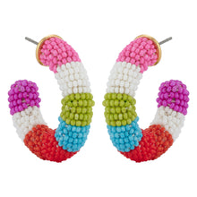 Multi Colored Beaded Hoop Earrings on Flat White Background