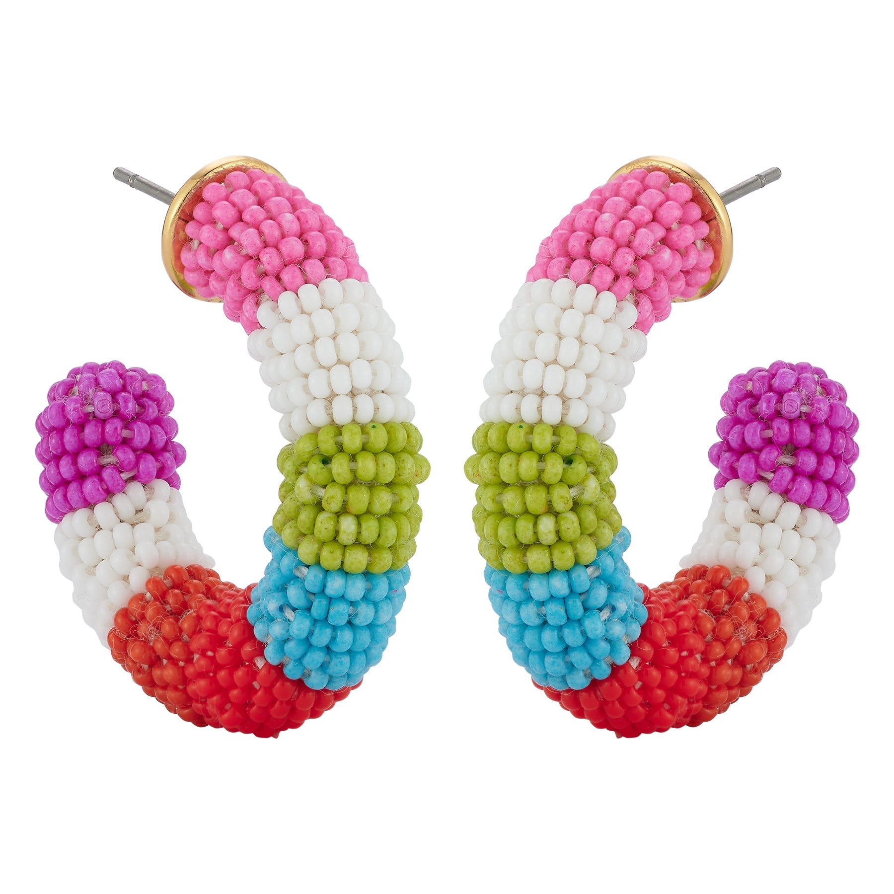 Multi Colored Beaded Hoop Earrings on Flat White Background