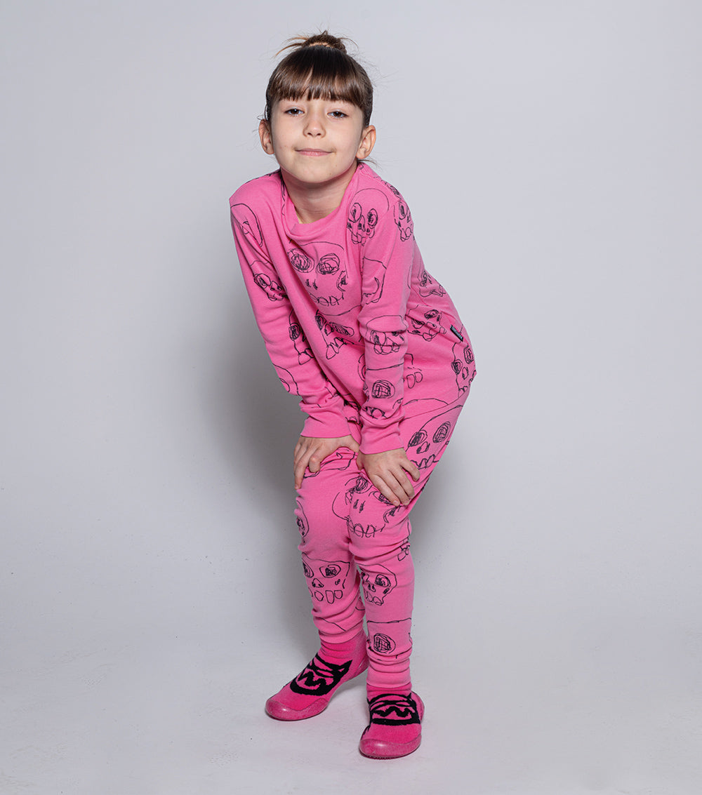 Kid | Scribbled Skulls Loungewear | Hot Pink