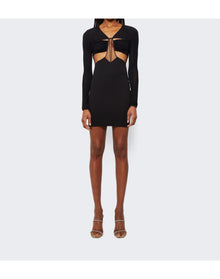 Nensi Dojaka | Women | Deep V-neck Draped Bra Long Sleeve Mini Dress | Black