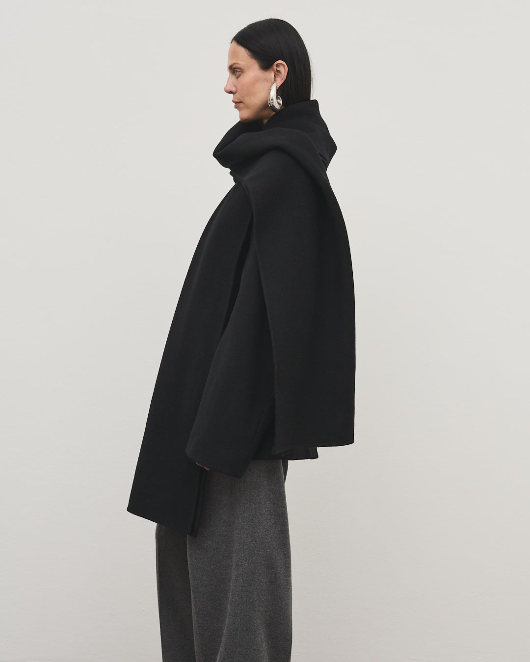 Another Tomorrow Short Scarf Coat in Black – Wool Women's Outerwear