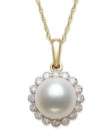 Round Pendant Necklace | 14K Yellow Gold | 0.15 Carat Lab Grown Diamond/White Akoya Pearl | 8mm - 9mm | H-I-I2-I3