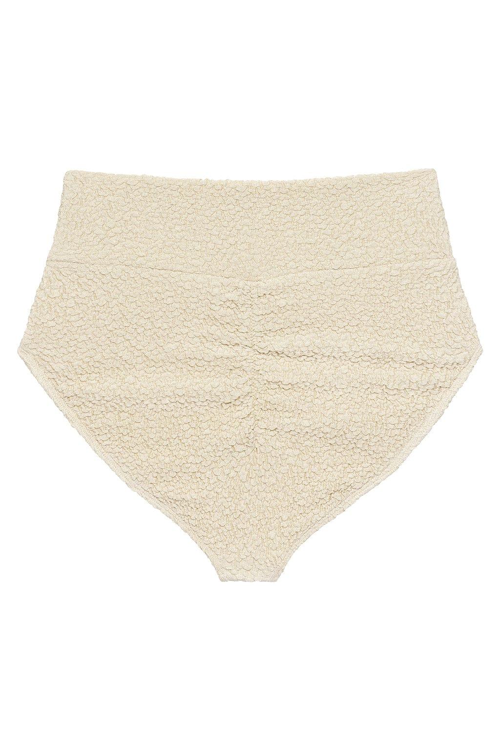 Oat-colored textured bikini bottom with high-rise waistband and full coverage design.