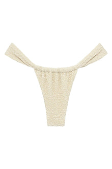 Oat-colored textured bikini bottom with ruched waistband and wide side straps.