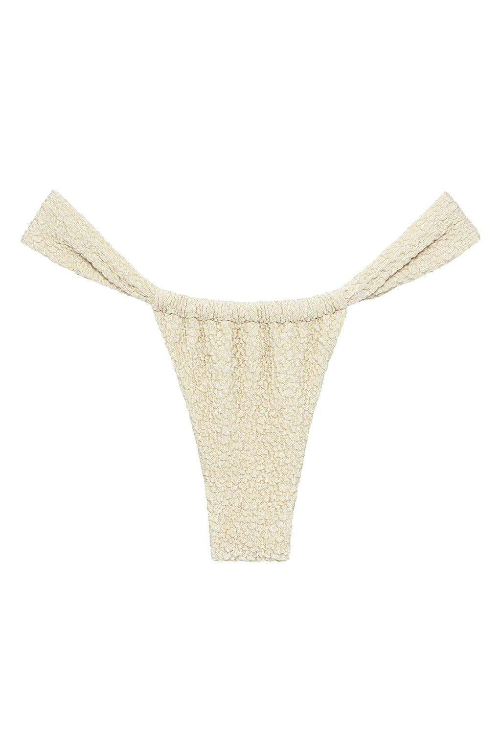 Oat-colored textured bikini bottom with ruched waistband and wide side straps.