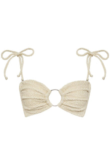 Oat-colored textured bandeau bikini top with tie shoulders and center ring detail.