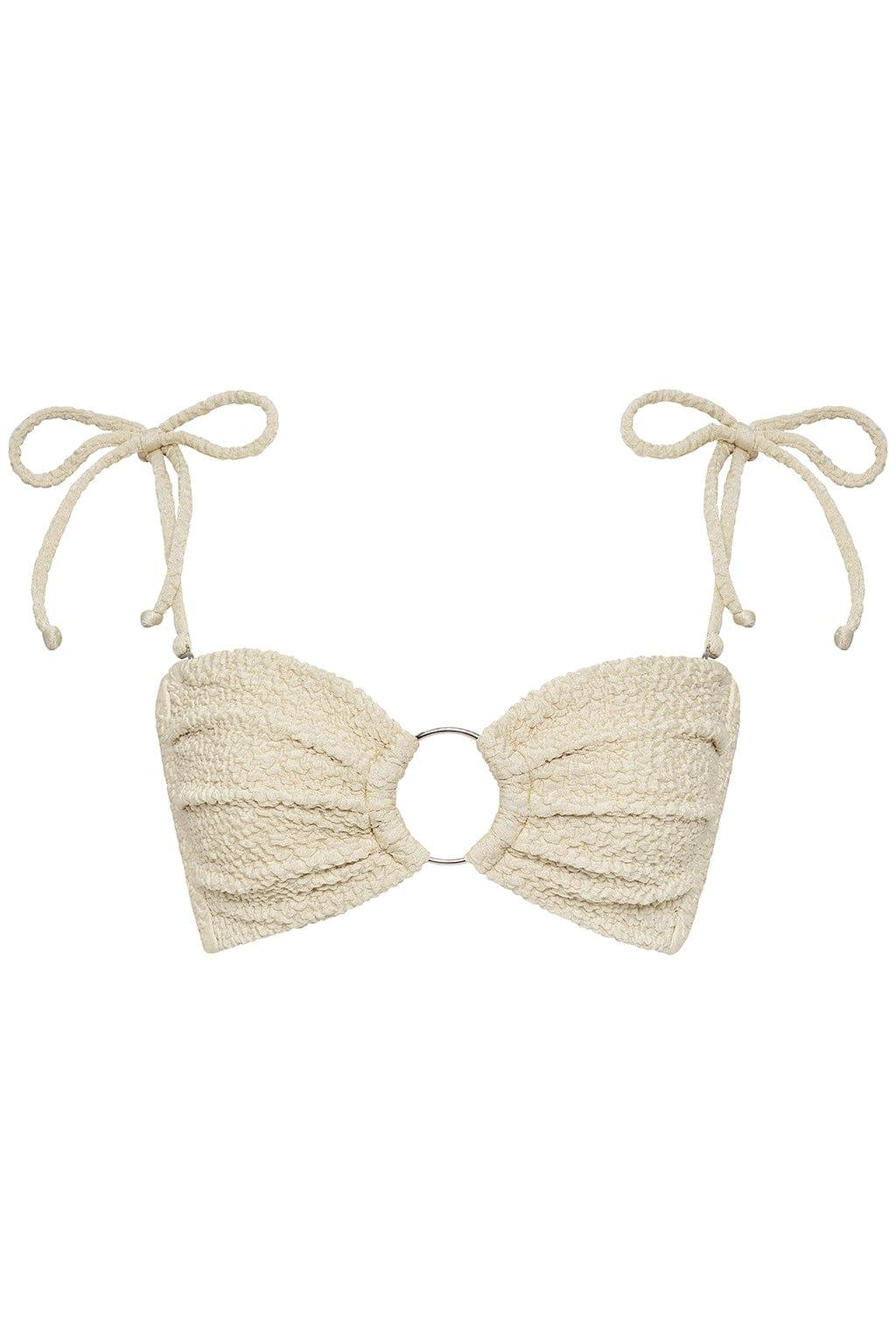 Oat-colored textured bandeau bikini top with tie shoulders and center ring detail.