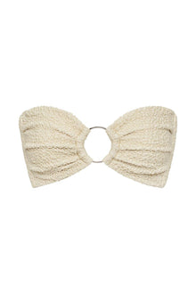 Oat-colored bandeau bikini top with textured fabric and metal ring center detail.