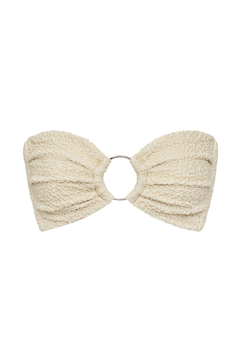 Oat-colored bandeau bikini top with textured fabric and metal ring center detail.
