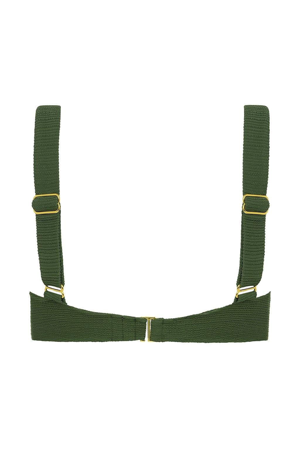 Olive green textured bikini top with gold hardware and adjustable shoulder straps.