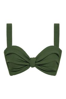 Olive green bikini top with textured fabric, bow-tie center detail, and adjustable shoulder straps.