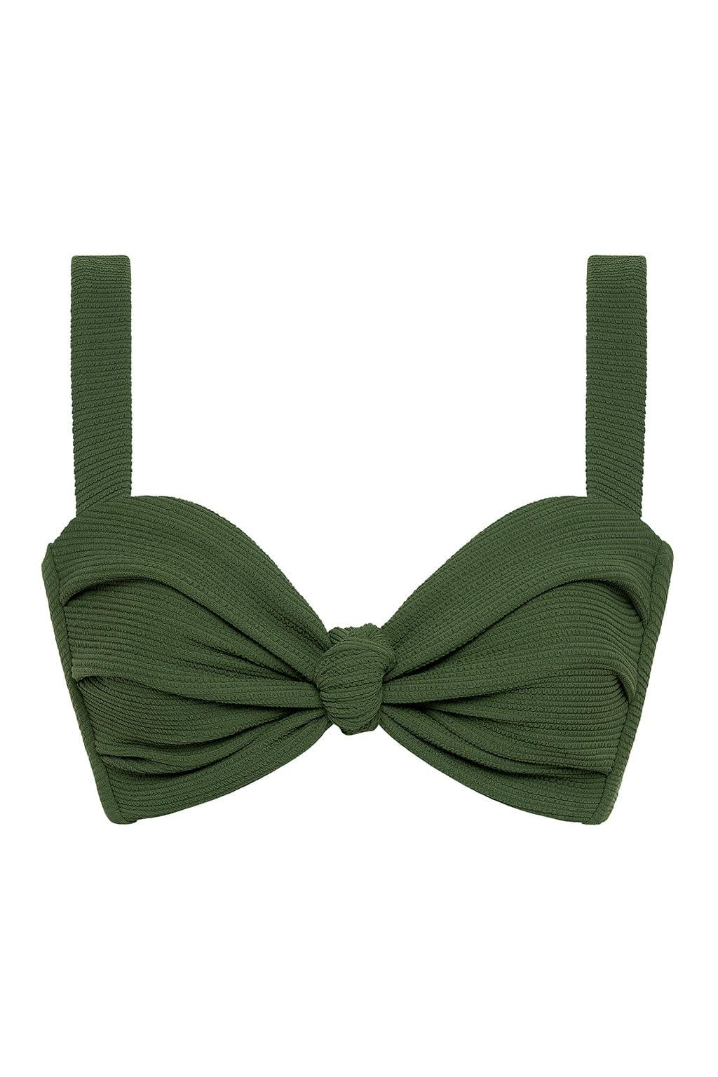 Olive green bikini top with textured fabric, bow-tie center detail, and adjustable shoulder straps.
