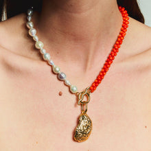 Orange Bead and Freshwater Pearl with Gold Oyster Shell Charm Pendant Necklace Styled on Model