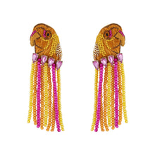 Orange, Pink, and Yellow Bead and Crystal Bird Fringe Drop Earrings on Flat White Background