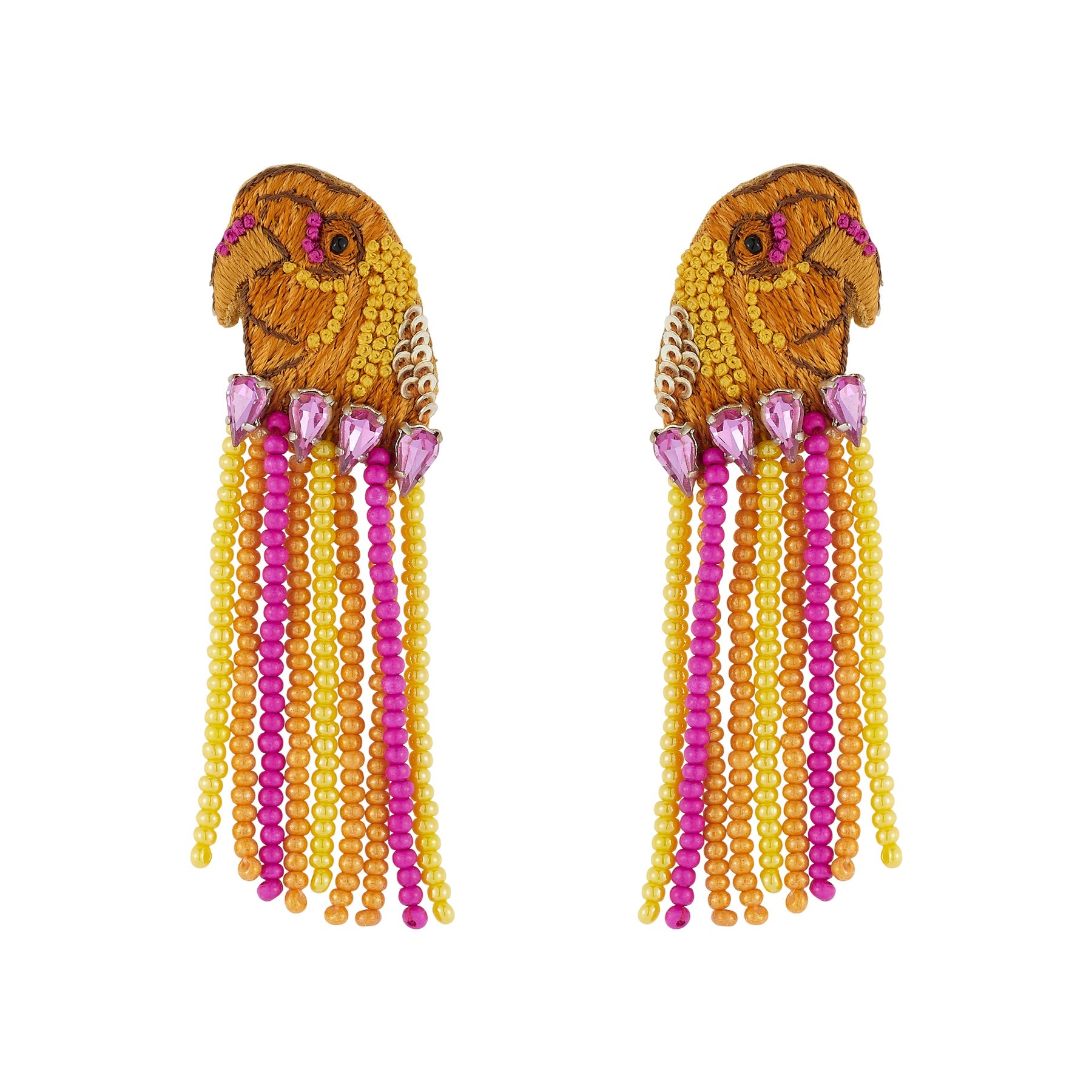 Orange, Pink, and Yellow Bead and Crystal Bird Fringe Drop Earrings on Flat White Background