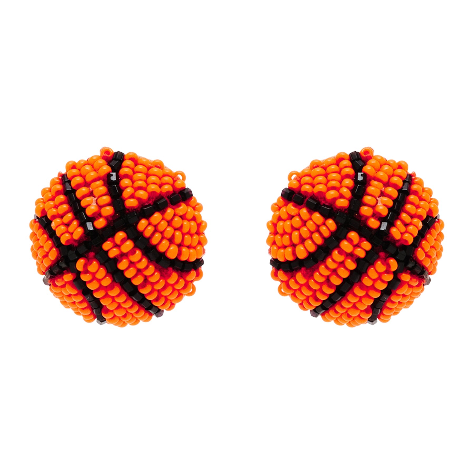 Orange and Black Beaded Basketball Stud Earrings on Flat White Background