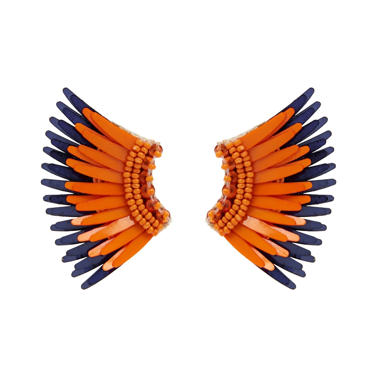 Orange and Navy Sequin and Bead Wing Stud Earrings on Flat White Background
