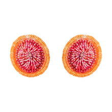 Orange and Pink Sequin and Bead Stud Earrings on Flat White Background