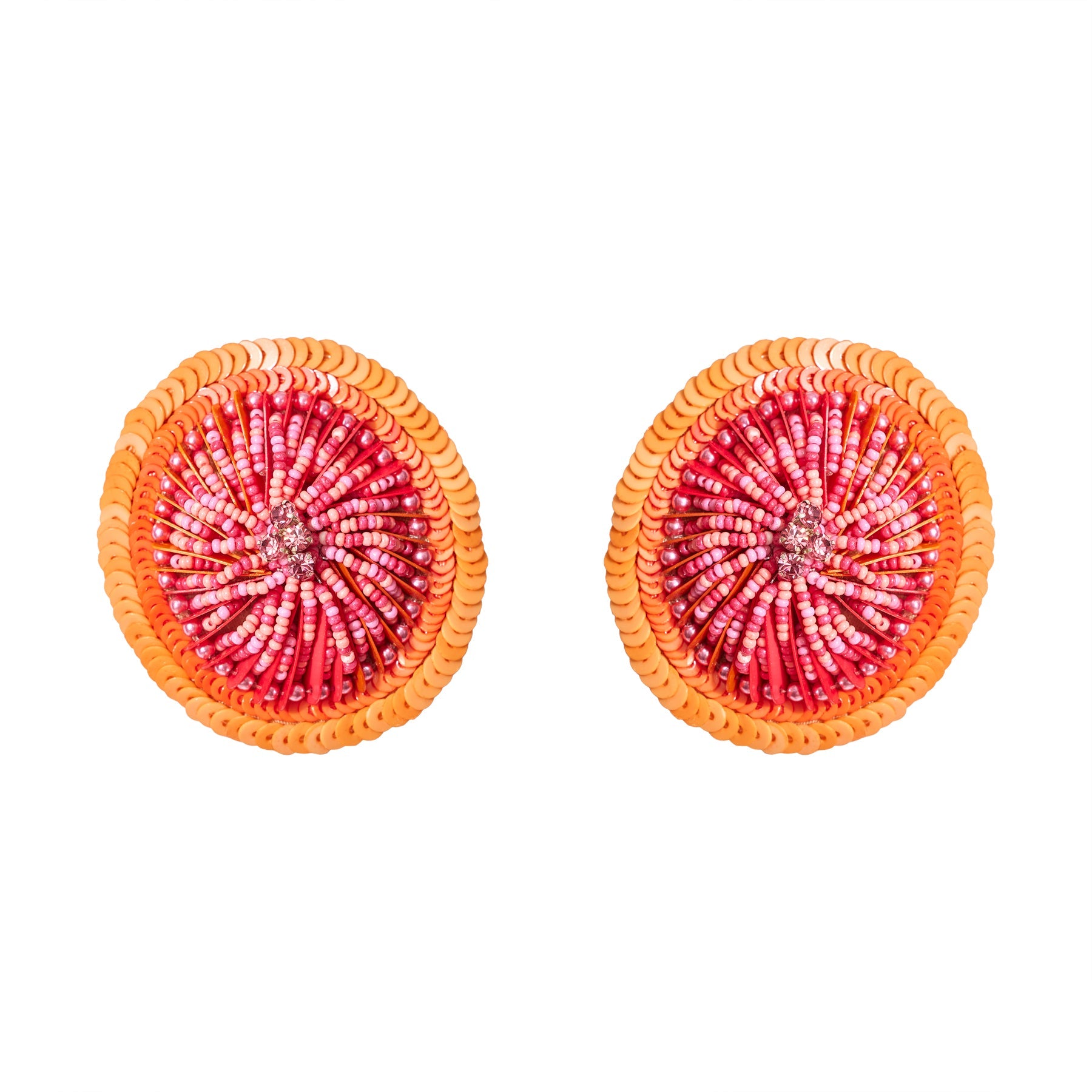 Orange and Pink Sequin and Bead Stud Earrings on Flat White Background