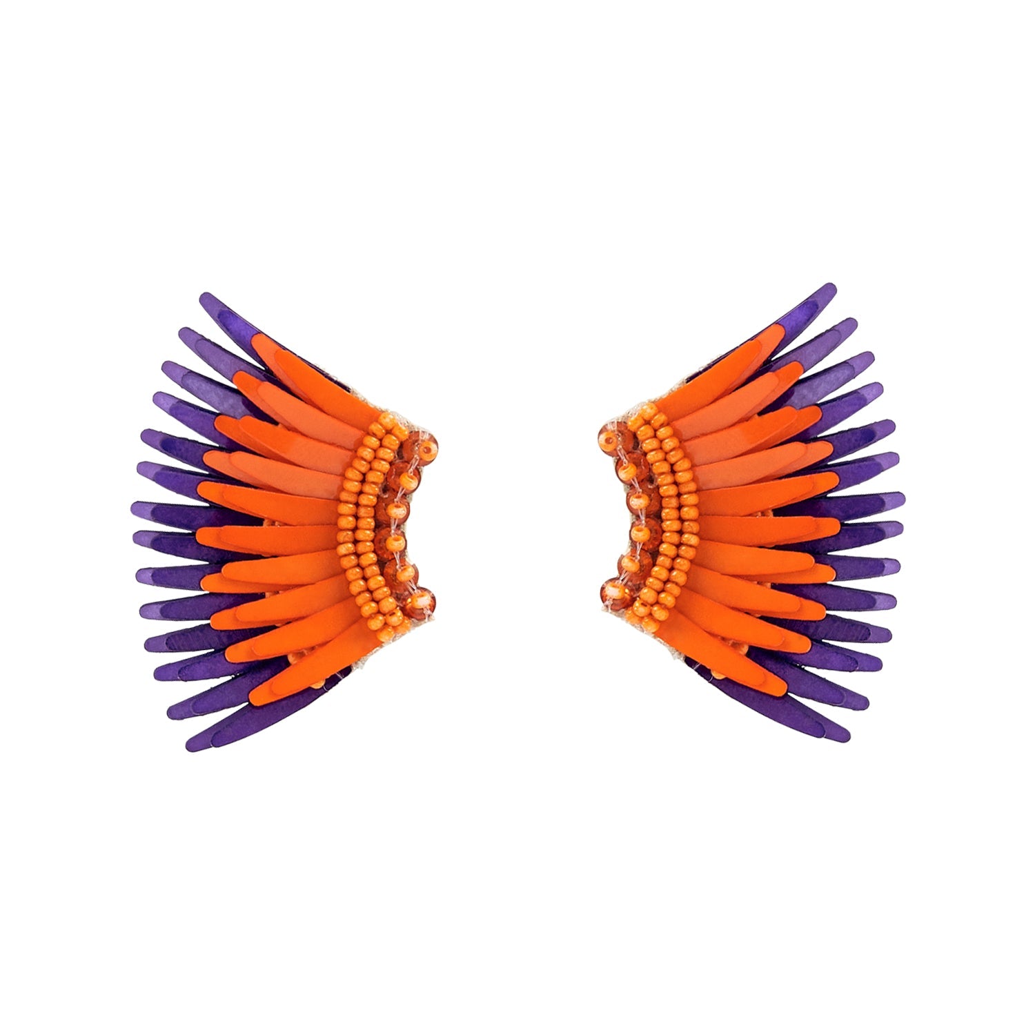 Purple and Orange Sequin and Bead Wing Stud Earrings on Flat White Background