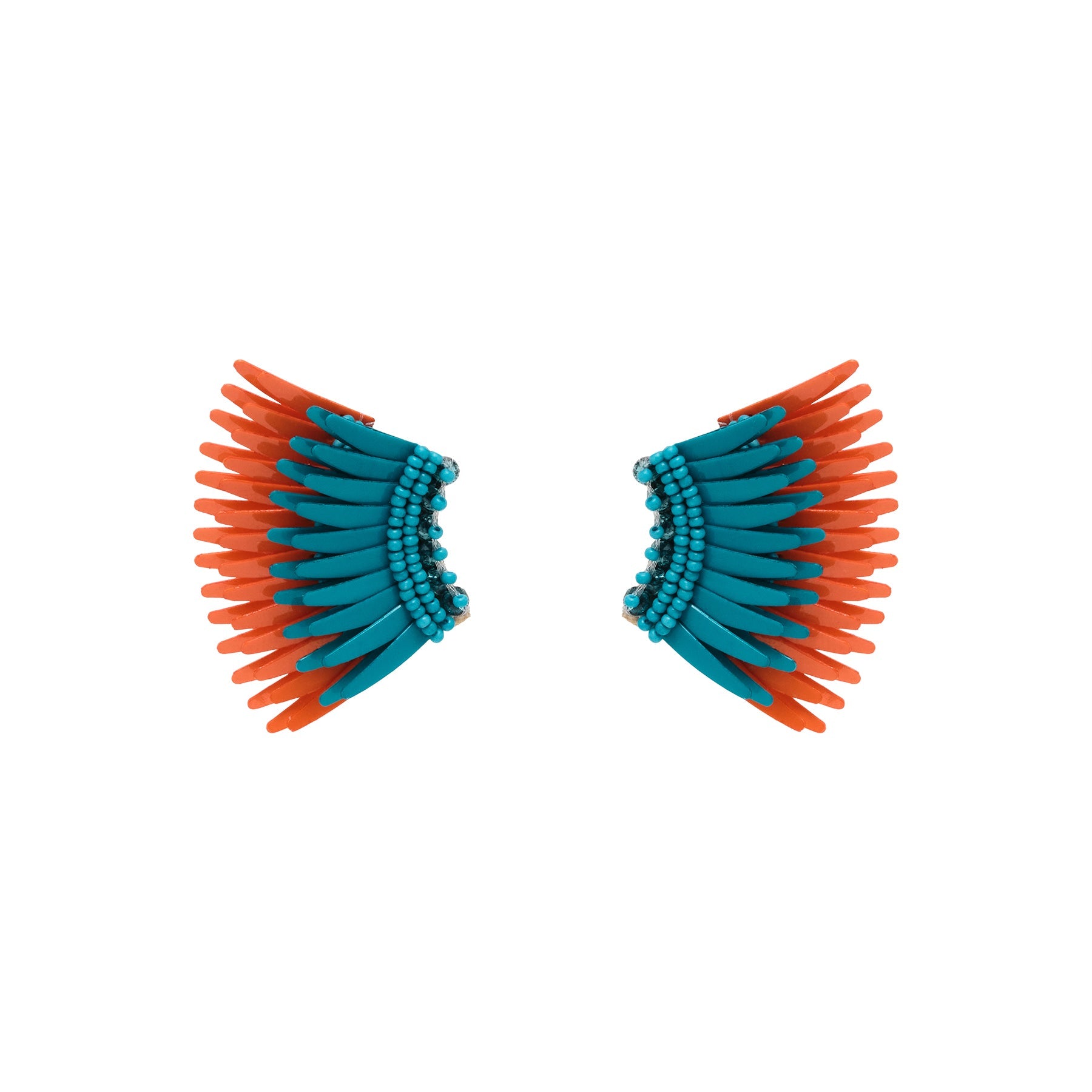 Orange and Teal Sequin and Bead Wing Stud Earrings on Flat White Background