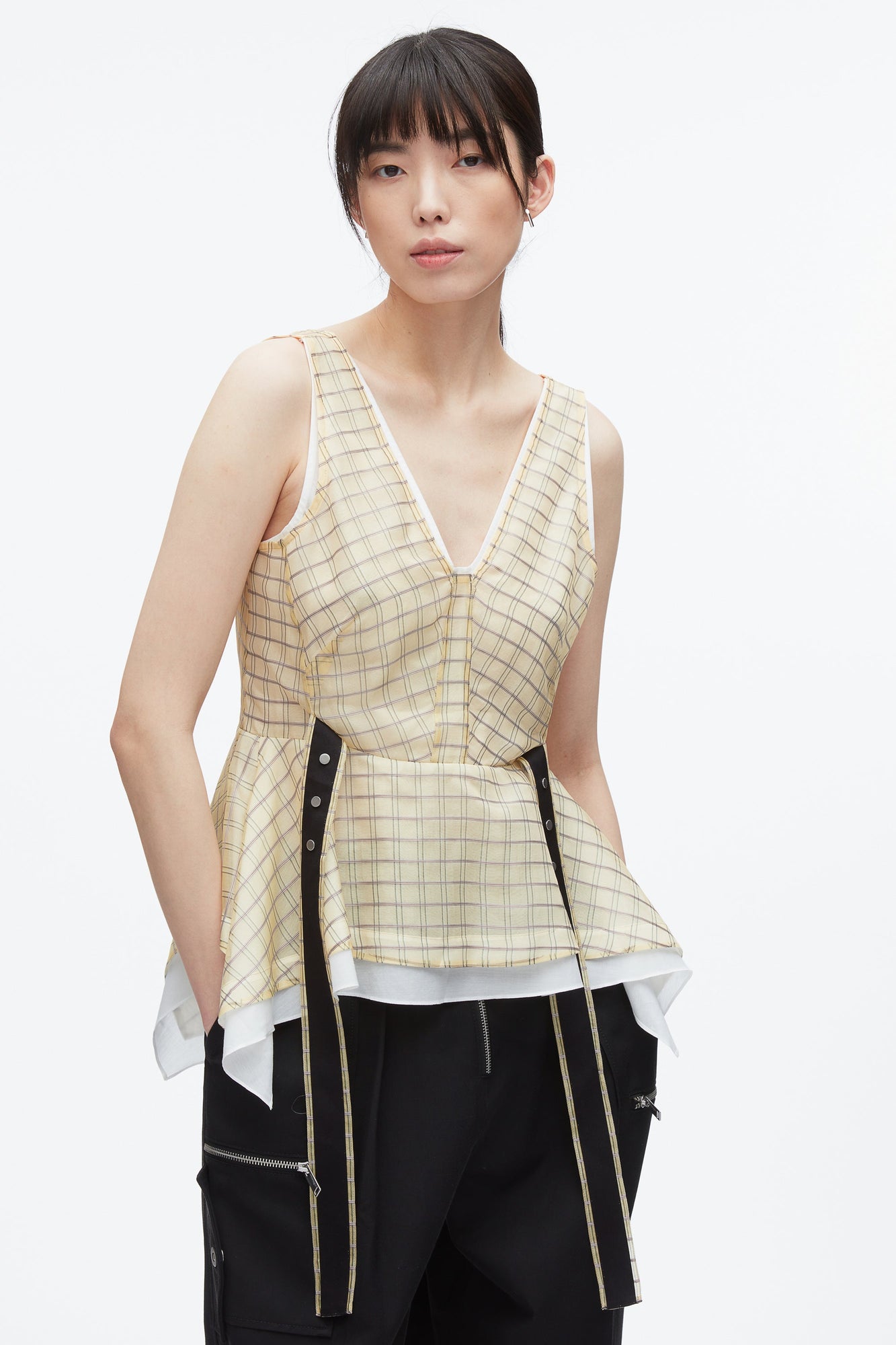 Plaid Organza V-Neck Top | Hay Multi