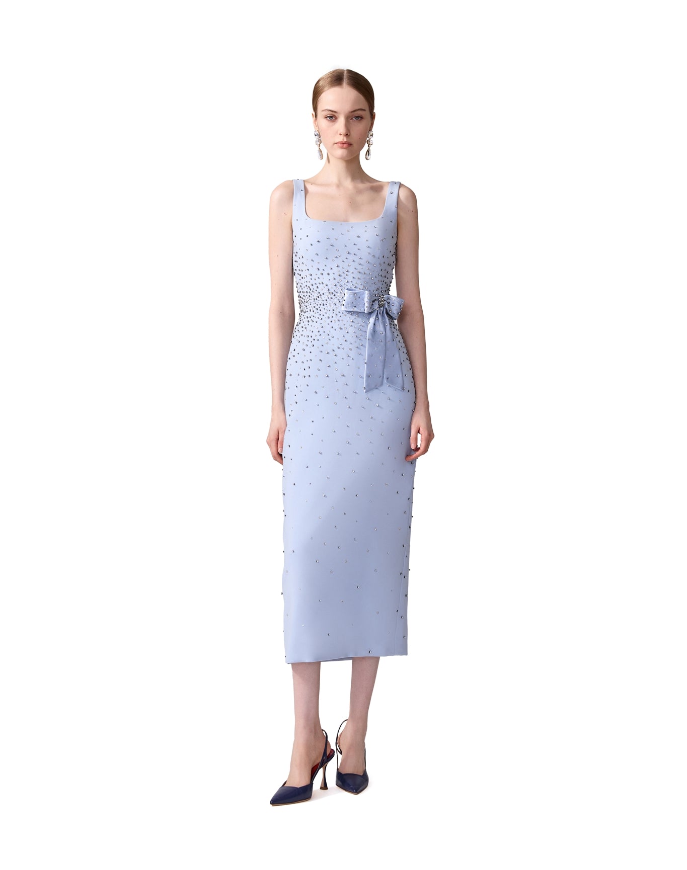 Embroidered Scoop Neck Midi Dress with Bow | Celeste