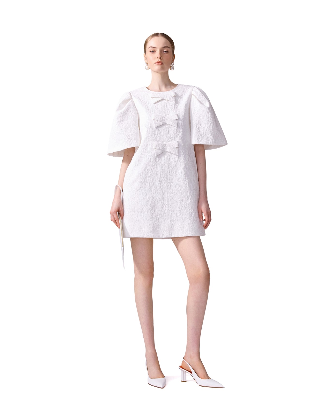 Short Sleeve Mini Dress with Bows | White