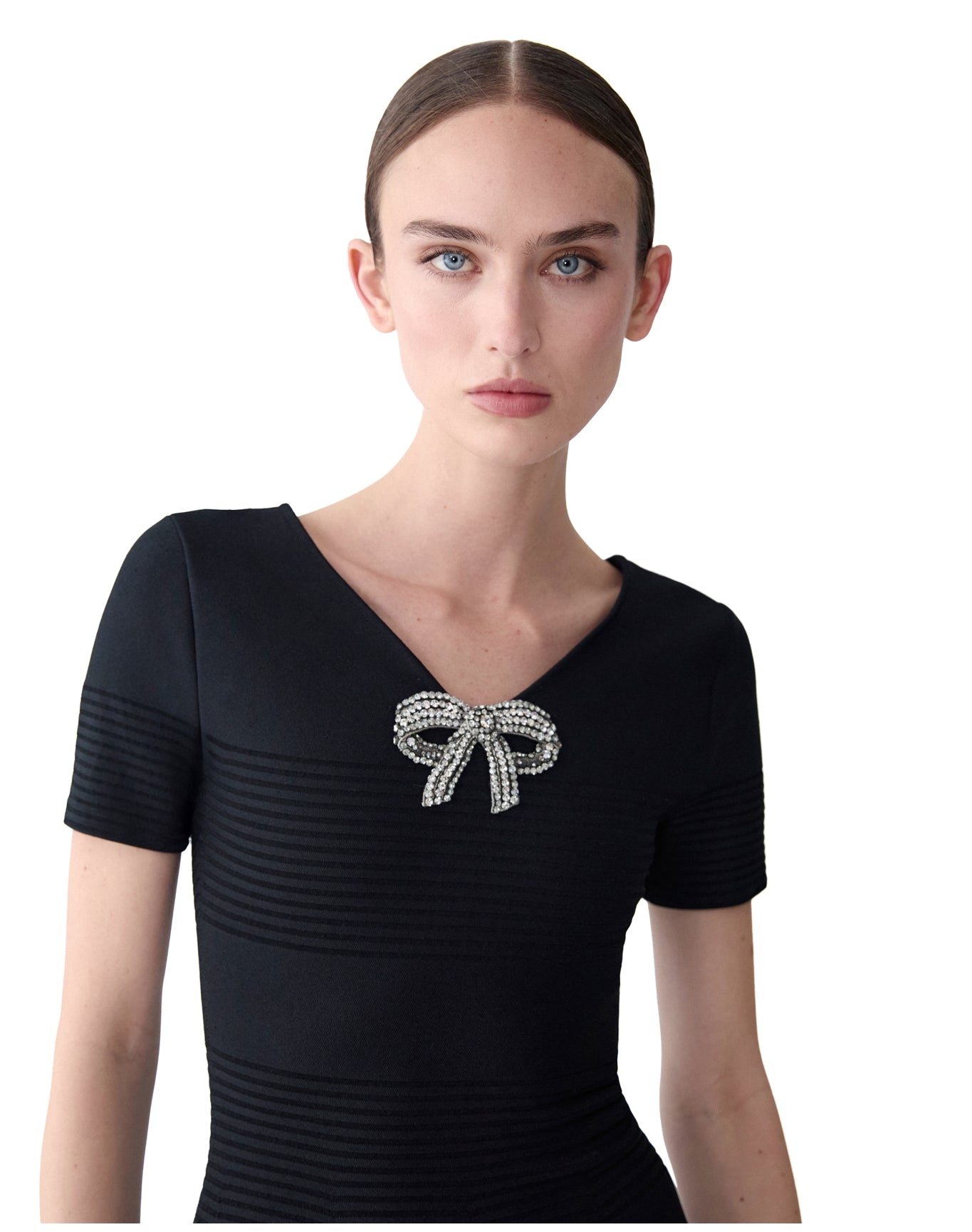 Embroidered V Neck Flare Dress | Black